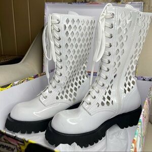 New! Jeffrey Campbell White Leather Lace Up Chunky Moto Combat Boots Boot Sz 9